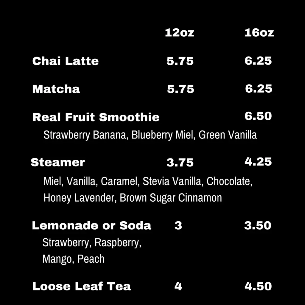 A coffee shop menu displaying prices and options for drinks including batch brew, pour-over, Americano, cold brew, latte, espresso, and cortado, with flavor add-ons listed.